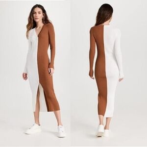 STAUD Shoko Colorblock Bodycon Sweater Dress Ribbed White And Brown In Medium